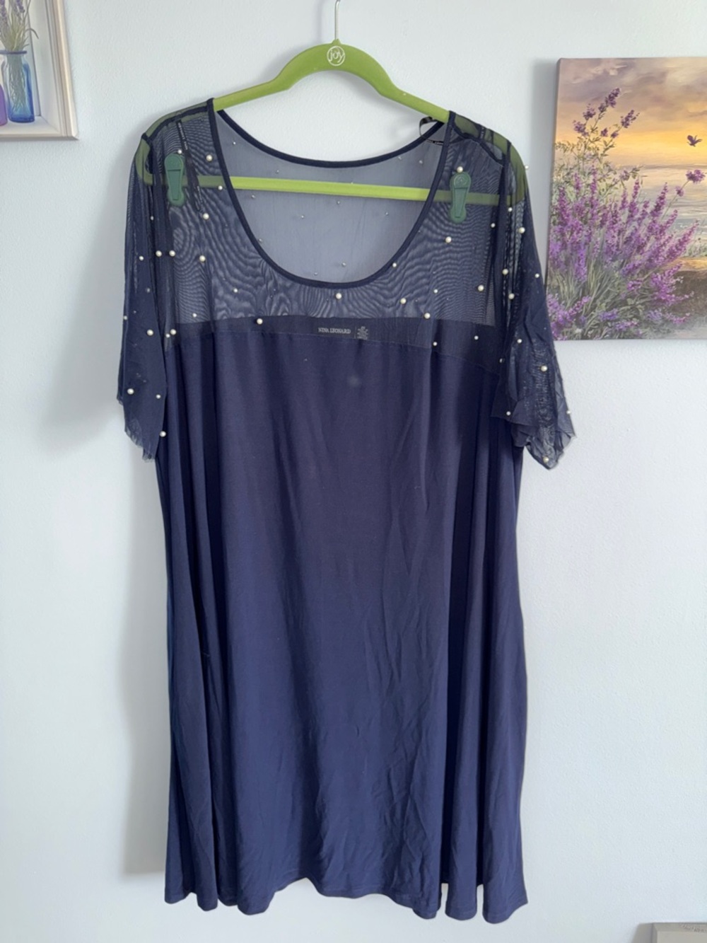 Nina Leonard Navy Blue Mesh Pearl-Accent A-Line Dress